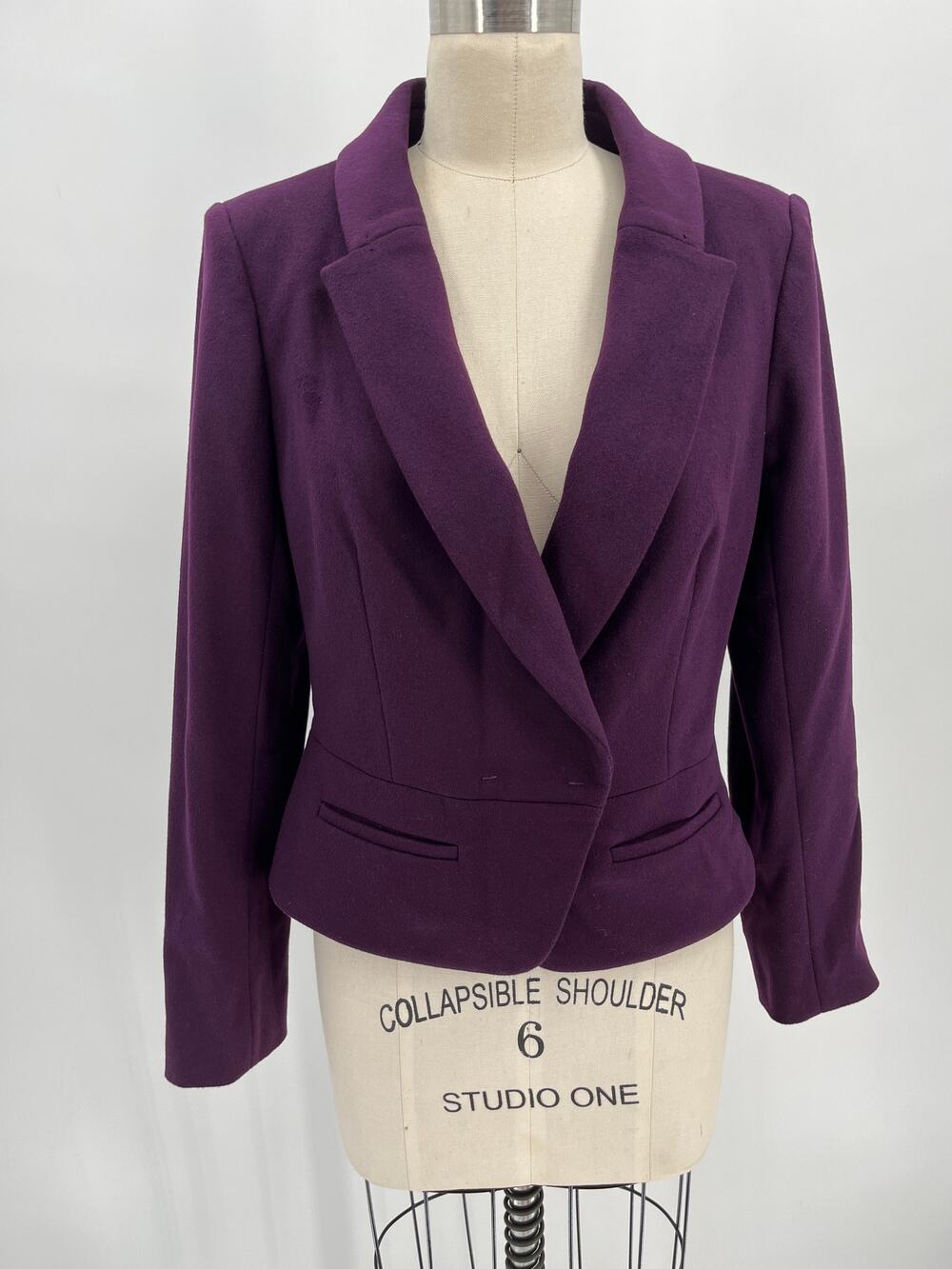 Paule Ka Shawl Collar Blazer Sz 40/US 8 Purple Wool Blend Cropped Peplum